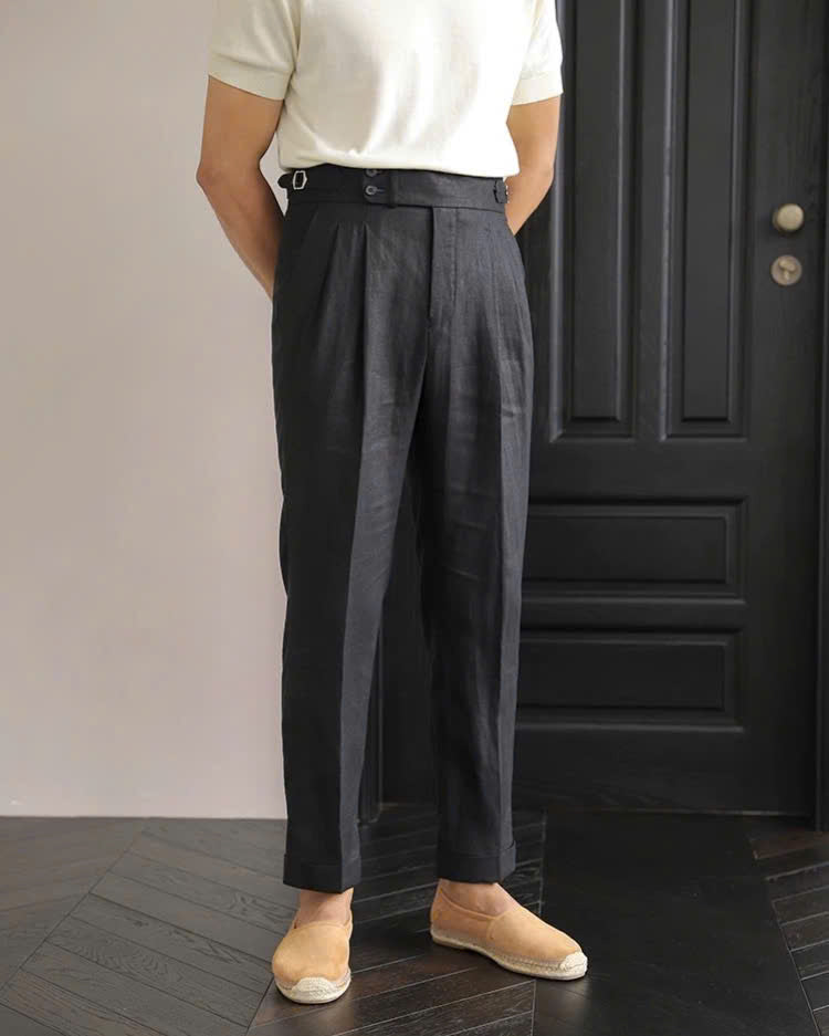 Black The Esna Linen Side-Tab Trouser — 1