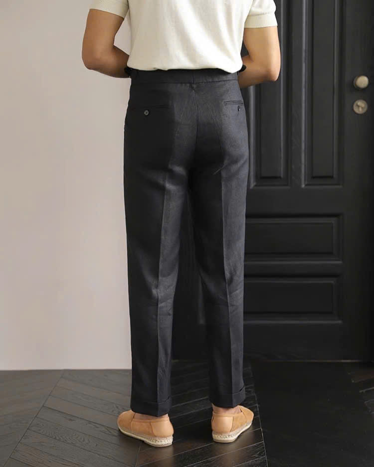 Black The Esna Linen Side-Tab Trouser — 2